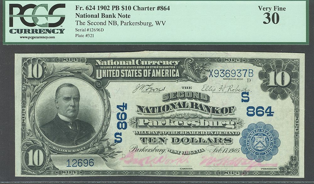 The Second National Bank of Parkersburg, West Virginia, Charter #864, 1902 Plain Back $10, 12696, PCGS Very Fine-30